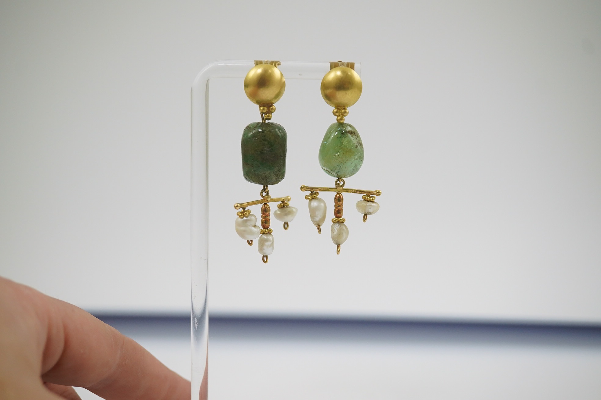 A pair of modern Italian 850 standard gold, jade and pearl set drop earrings, retailed by Massimo Maria Melis, Rome